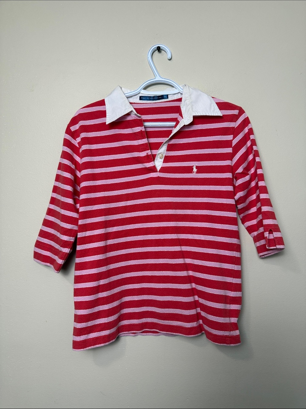 Ralph Lauren Polo Established 67 Pink & White Striped Polo with Contrast Collar